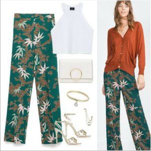 Zara Crepe Floral Leaf Motif Green/Brown/Pink Tro… - image 1